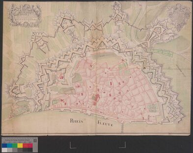 gezeichneter und aquarellierter Plan der Stadt und der Festung Mainz