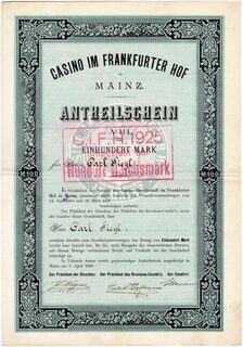 Casino in Frankfurter Hof, Mz, Anteilschein 100 Mark,