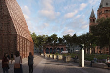 Bildergalerie Gutenberg-Museum DFZ Architekten Rendering des Liebfrauenplatzes mit Bibelturm und Gutenberg-Büste.